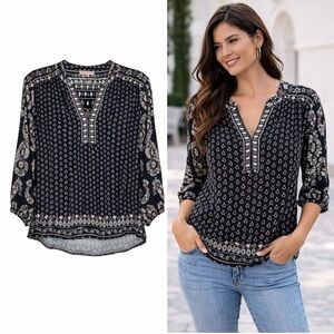 Knox Rose Black and Cream Boho Patterned Blouse Sz Large